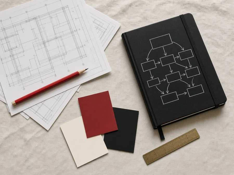 Blueprints, a red pencil and a notebook with a course map sketched on it