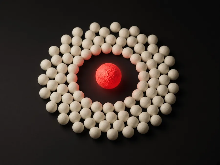 Cream paper spheres gathered in a circle around a glowing red sphere