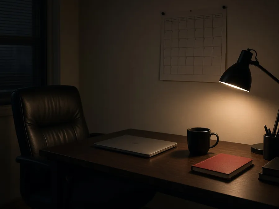 A quiet desk at night with a lamp, a closed laptop and a red notebook